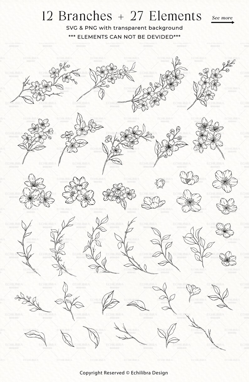Cherry Blossom Line Art SVG, Floral SVG Bundle, Botanical Hand Drawn Illustration Clipart, Cherry Wreath Designs, Commercial Use image 4