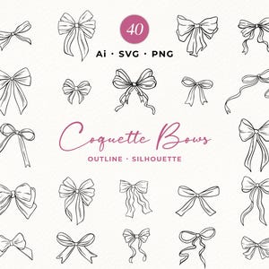 May include: A collection of 40 hand-drawn bow illustrations in outline and silhouette styles. The bows vary in size and design, with flowing ribbons and detailed knotwork. The text "Coquette Bows" is displayed in a cursive font.