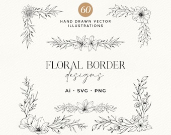 60 florale Bordürenillustrationen, handgezeichnete Blumenecken und botanische Zweige, SVG PNG