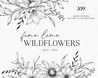 Wildflowers Line Art, Botanical Hand Drawn Line Art, Floral Line Art SVG, Vector Flowers and Plants, Commercial Use