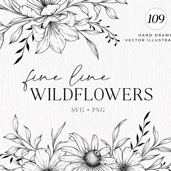 Wildflowers Line Art, Botanical Hand Drawn Line Art, Floral Line Art SVG, Vector Flowers and Plants, Commercial Use