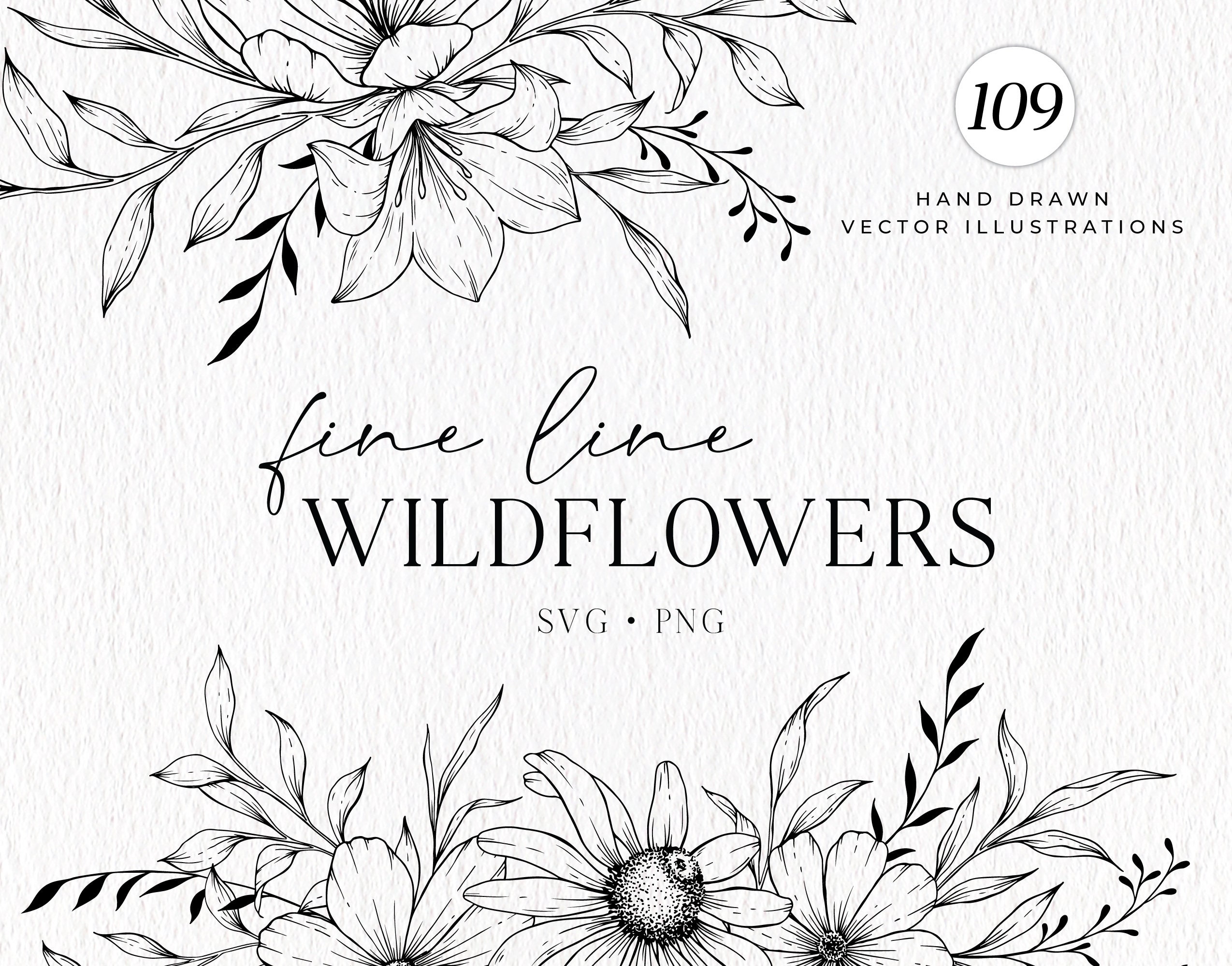 Wildflowers Line Art, Botanical Hand Drawn Line Art, Floral Line Art SVG, Vector Flowers and Plants, Commercial Use