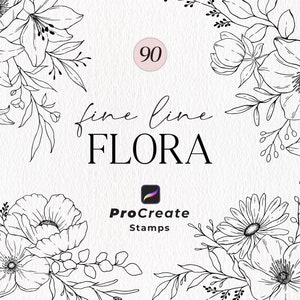 Pode incluir: Um conjunto de 90 ilustrações florais de linha fina para Procreate. As ilustrações apresentam várias flores, folhas e caules em um estilo de contorno preto e branco.