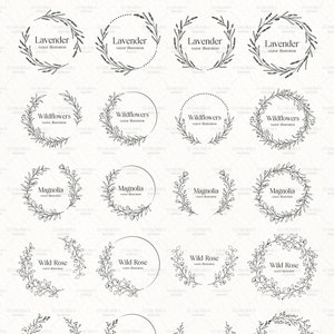 May include: A collection of 52 botanical wreath designs in SVG and PNG format with transparent backgrounds. Each wreath features a different floral arrangement, including lavender, wildflowers, magnolia, wild rose, and morning glory. The text "vector illustration" is included.