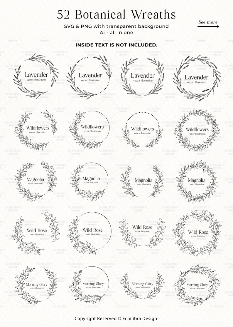 May include: A collection of 52 botanical wreath designs in SVG and PNG format with transparent backgrounds. Each wreath features a different floral arrangement, including lavender, wildflowers, magnolia, wild rose, and morning glory. The text "vector illustration" is included.