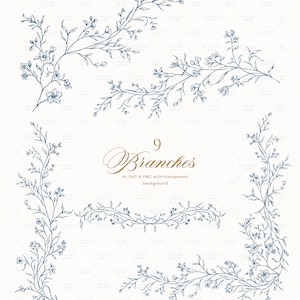 May include: A collection of nine dark blue line art botanical branch illustrations featuring delicate flowers and leaves. The text reads 9 Branches, AI, SVG & PNG with transparent background, and COPYRIGHT RESERVED ECHILIBRA DESIGN.