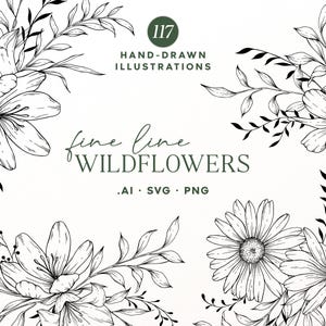 Könnte beinhalten: Ein digitales Grafikset mit handgezeichneten Wildblumen-Illustrationen in Schwarz-Weiß. Der Text lautet 117 HAND-DRAWN ILLUSTRATIONS, fine line WILDFLOWERS sowie .AI .SVG .PNG. Das Design zeigt verschiedene florale Anordnungen.
