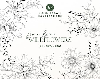 SVG-Bundle mit Wildblumenmotiven: 117 handgezeichnete botanische Linienzeichnungen, Rahmen und PNG-Cliparts