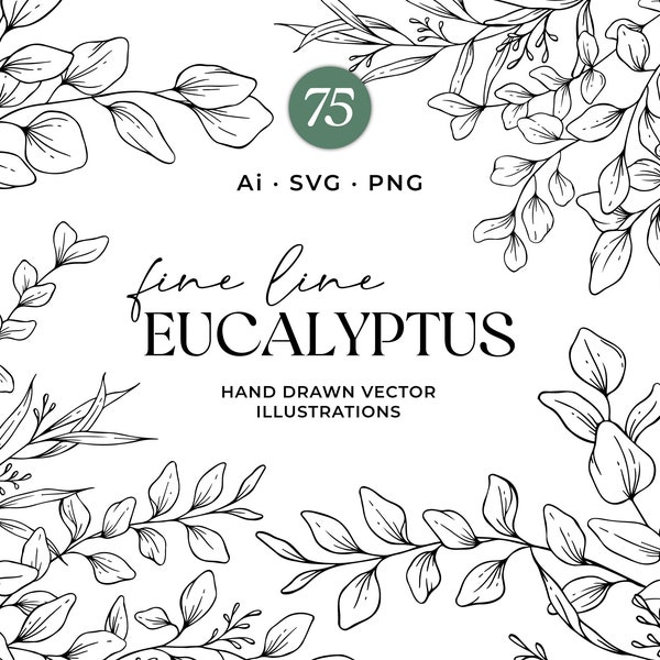 Eucalyptus SVG Bundle, Hand Drawn Vector Greenery, Eucalyptus Clipart, Leaves, Eucalyptus Design, Commercial Use