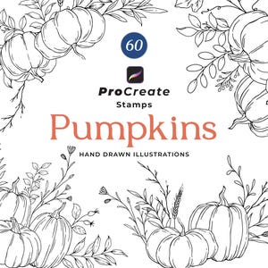May include: A set of 60 hand-drawn illustrations of pumpkins with leaves and stems. The illustrations are in black and white and are perfect for use in digital art and design projects. Procreate Stamps Pumpkins Hand Drawn Illustrations.