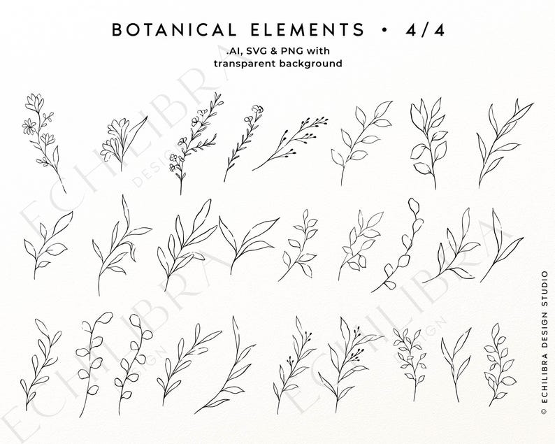 Puede incluir: Una colecci&oacute;n de elementos bot&aacute;nicos en arte lineal negro con varias hojas, tallos y flores. El texto dice BOTANICAL ELEMENTS 4/4 y .AI, SVG & PNG with transparent background. Estas ilustraciones digitales est&aacute;n dispuestas en filas.