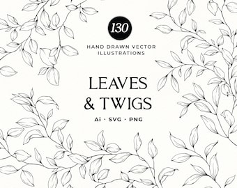 Botanical Leaves and Twigs SVG Bundle, Hand-Drawn Greenery Clipart (Digital Download)