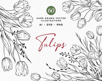 Floral Line Art Bundle, Tulips Botanical SVG, Clipart, Spring Flowers, Hand Drawn Vector Tulips, Tulip Design, Commercial Use