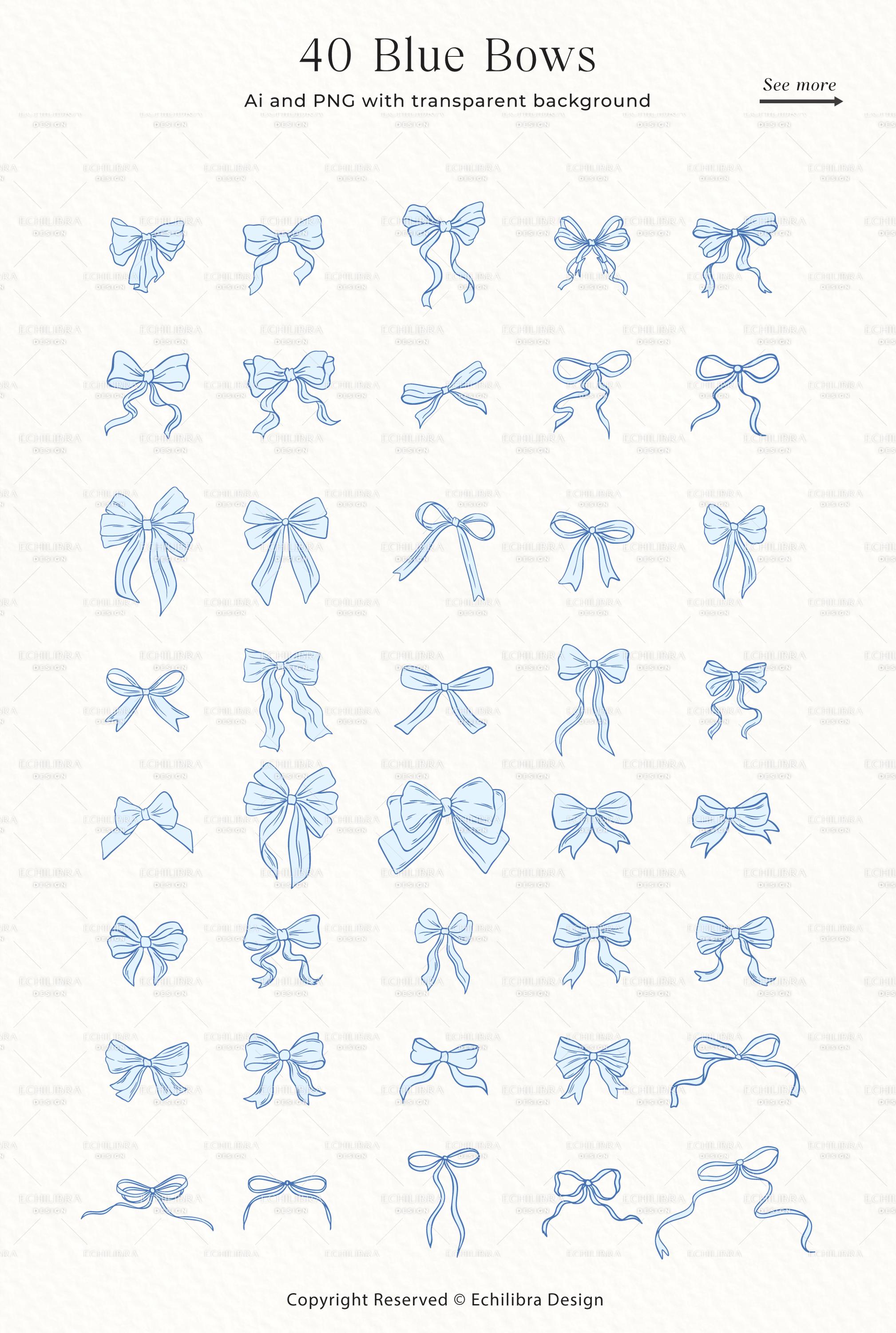 Ribbon Bow SVG Bundle, Hand Drawn Bows, Blue Bow Outline PNG Clipart ...