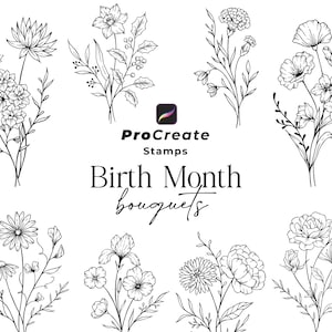 Procreate Blumenstempel-Bürsten, Geburtsmonat Blumensträuße, Handgezeichnete Blumenstempel, Procreate-Blätter, Procreate-botanische Blumen