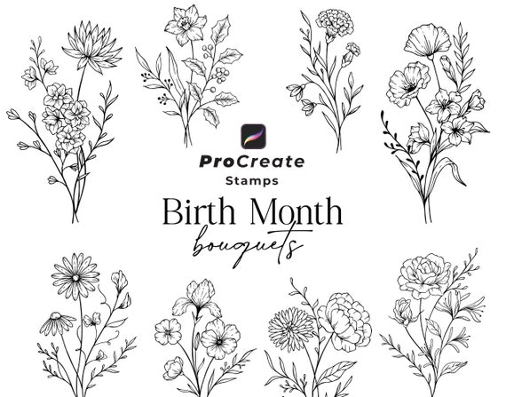 Procreate Flower Stamps, Birth Month Floral Bouquets (Digital Download)