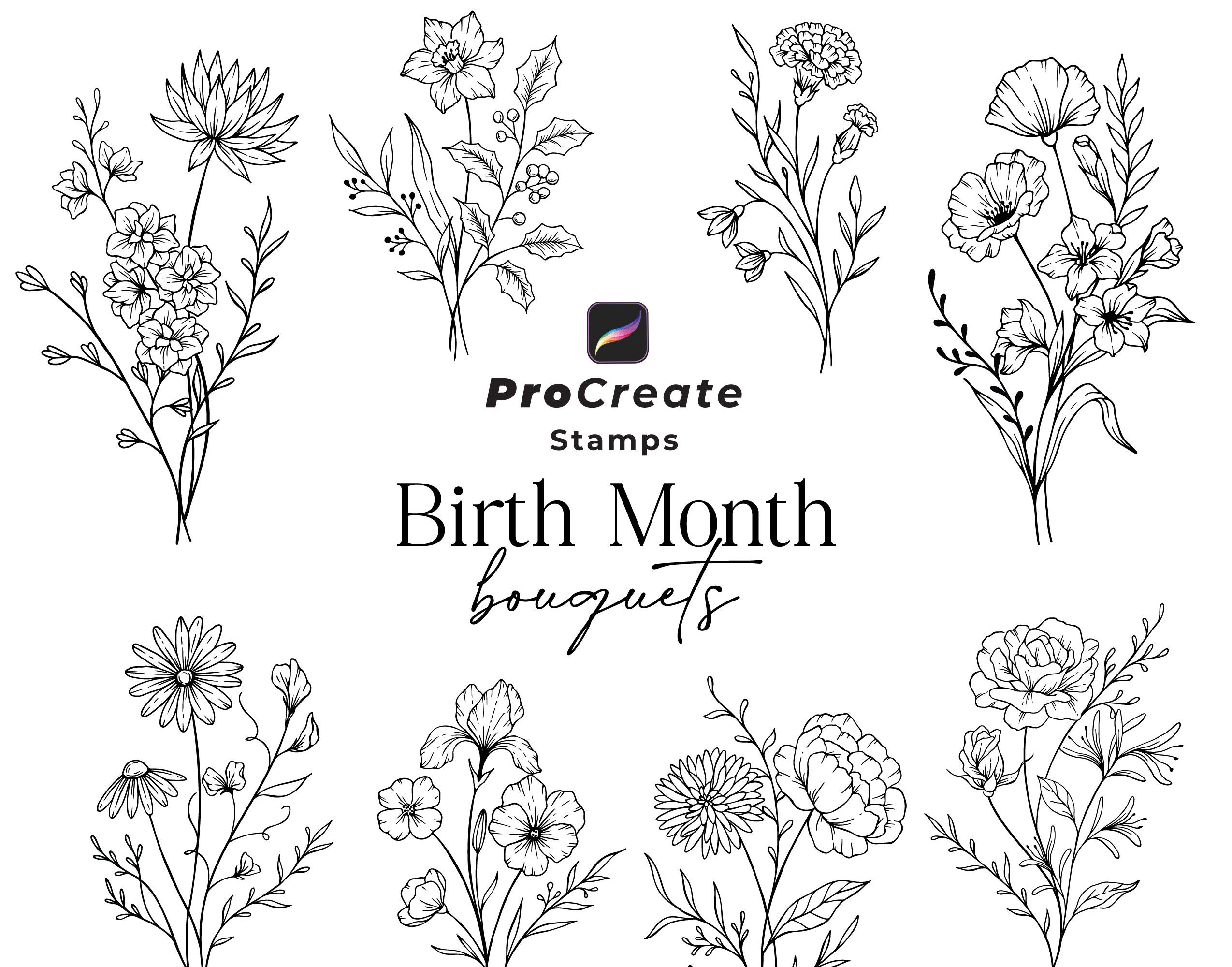 Procreate Flower Stamp Brushes, Birth Month Flowers Bouquets, Hand ...