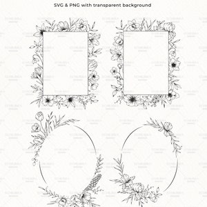 K&ouml;nnte beinhalten: Zw&ouml;lf schwarze und wei&szlig;e florale Rahmen mit transparentem Hintergrund. Die Rahmen sind in verschiedenen Formen, darunter Quadrate, Kreise und Ovale. Die floralen Designs sind zart und filigran.