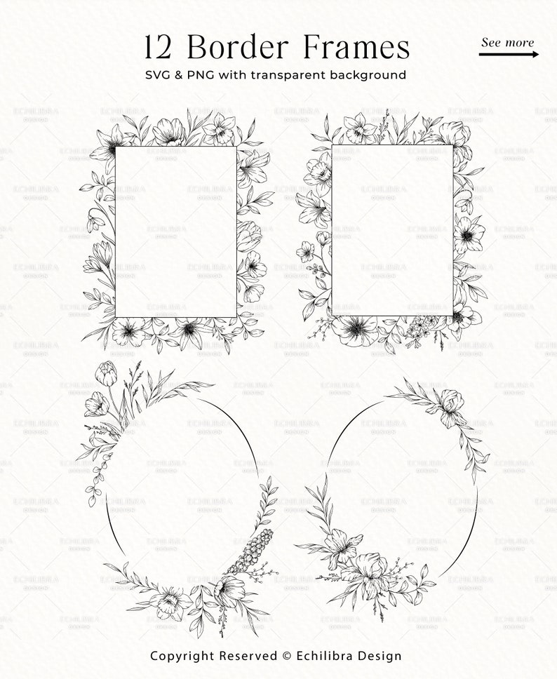K&ouml;nnte beinhalten: Zw&ouml;lf schwarze und wei&szlig;e florale Rahmen mit transparentem Hintergrund. Die Rahmen sind in verschiedenen Formen, darunter Quadrate, Kreise und Ovale. Die floralen Designs sind zart und filigran.