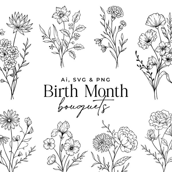 Bouquet de fleurs mois de naissance, lot de fleurs SVG, dessin au trait floral, fleurs vectorielles dessinées à la main, cliparts, anniversaire fleur SVG, usage Commercial