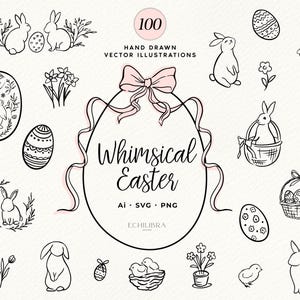 May include: A collection of black and white hand-drawn Easter illustrations. The image features bunnies, decorated eggs, chicks, and flowers. The text "Whimsical Easter" is displayed. The illustrations are in a minimalist style.