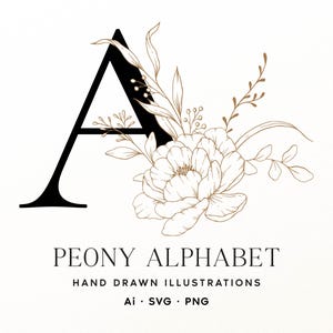 Puede incluir: Una letra A negra con remates decorada con una ilustración floral marrón de línea fina de una peonía y follaje. Debajo de la letra, el texto dice PEONY ALPHABET, HAND DRAWN ILLUSTRATIONS, y Ai, SVG, PNG en una fuente negra sin remates.