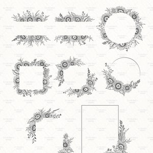 K&ouml;nnte beinhalten: Zehn schwarze und wei&szlig;e Sonnenblumenrahmen mit transparenten Hintergr&uuml;nden. Die Rahmen sind in verschiedenen Formen, darunter Kreise, Quadrate und Rechtecke. Die Rahmen sind perfekt, um Ihren Designs einen Hauch von Natur zu verleihen.