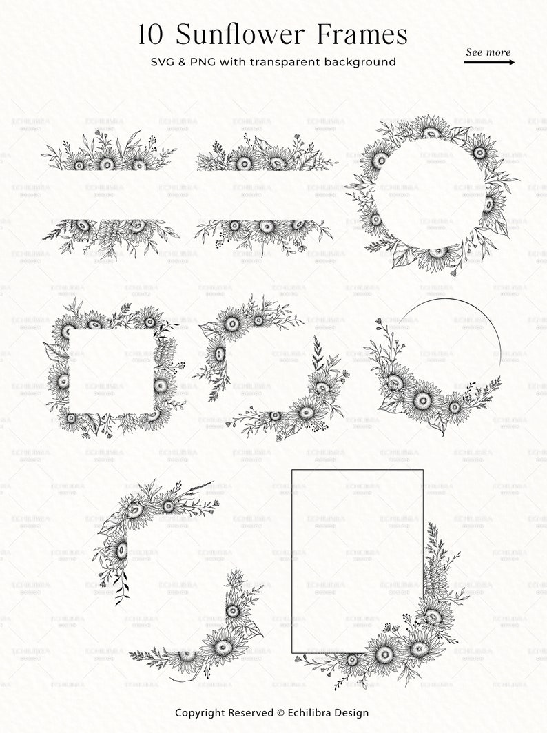 K&ouml;nnte beinhalten: Zehn schwarze und wei&szlig;e Sonnenblumenrahmen mit transparenten Hintergr&uuml;nden. Die Rahmen sind in verschiedenen Formen, darunter Kreise, Quadrate und Rechtecke. Die Rahmen sind perfekt, um Ihren Designs einen Hauch von Natur zu verleihen.