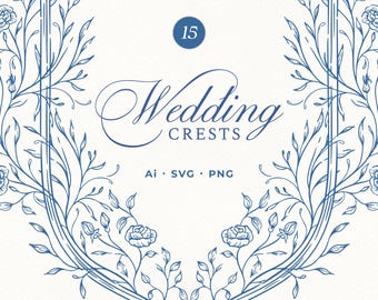 Hand Drawn Wedding Crests SVG, Vintage Rose Florals, Blue Chinoiserie Clipart, Digital Download PNG