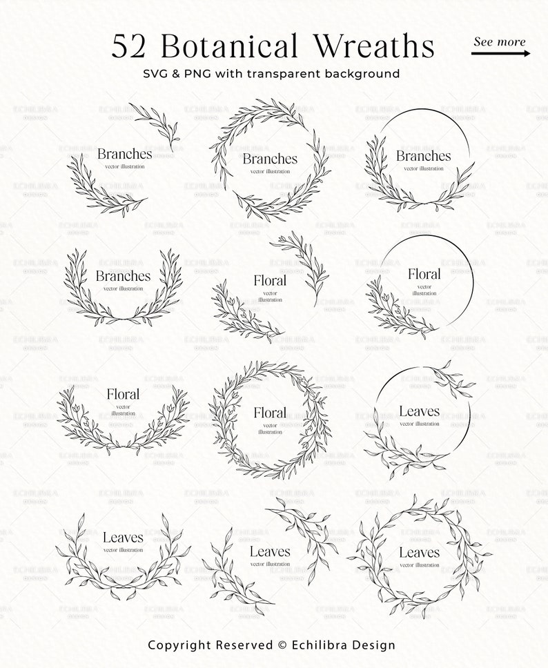 May include: A collection of 52 botanical wreaths in SVG and PNG formats with transparent backgrounds. The designs include wreaths and branch illustrations with the words "Branches", "Floral", and "Leaves". Copyright information is at the bottom.