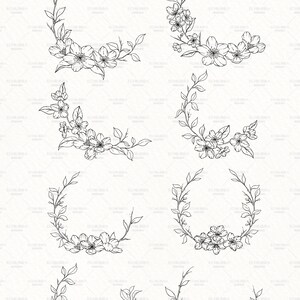 Cherry Blossom Line Art SVG, Floral SVG Bundle, Botanical Hand Drawn Illustration Clipart, Cherry Wreath Designs, Commercial Use image 2
