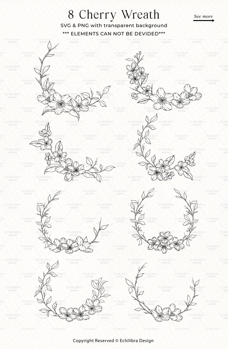 Cherry Blossom Line Art SVG, Floral SVG Bundle, Botanical Hand Drawn Illustration Clipart, Cherry Wreath Designs, Commercial Use image 2