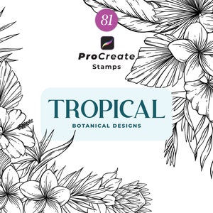 May include: Black and white line art illustration of tropical plants and flowers. The illustration includes hibiscus, plumeria, and palm leaves. The text "TROPICAL BOTANICAL DESIGNS" is displayed in a light blue rectangle.