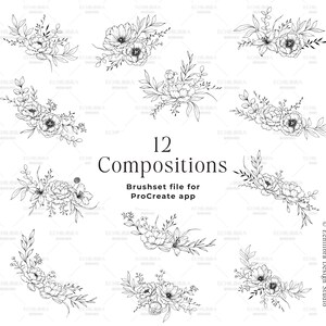 Procreate Peony Flower Stamps, Line Art Tattoo Brushes (digital ...