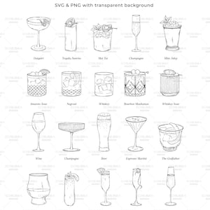 May include: A black and white line drawing illustration of 35 different drinks and cocktails. The image includes drinks such as Daiquiri, Tequila Sunrise, Mai Tai, Champagne, Mint Julep, Amareto Sour, Negroni, Whiskey, Bourbon Manhattan, Whiskey Sour, Wine, Champagne, Beer, Espresso Martini, The Godfather, Bourbon, Bellini, Mimosa, French 75, and Champagne. The image has the text "35 Drinks & Cocktails" and "SVG & PNG with transparent background".