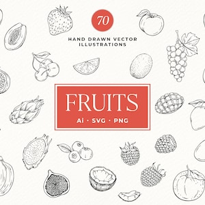 May include: Hand-drawn vector illustrations of various fruits, including apples, strawberries, grapes, and mangoes. The image features a red circle with the number 70 and a red rectangle with the word "FRUITS". The illustrations are in black and white.