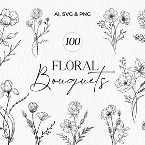 Floral SVG Bouquet, SVG Bundle, , Botanical Flowers Svg, Floral Line Art, Wildflower Bouquet Clipart, Monogram Flowers SVG, Commercial Use