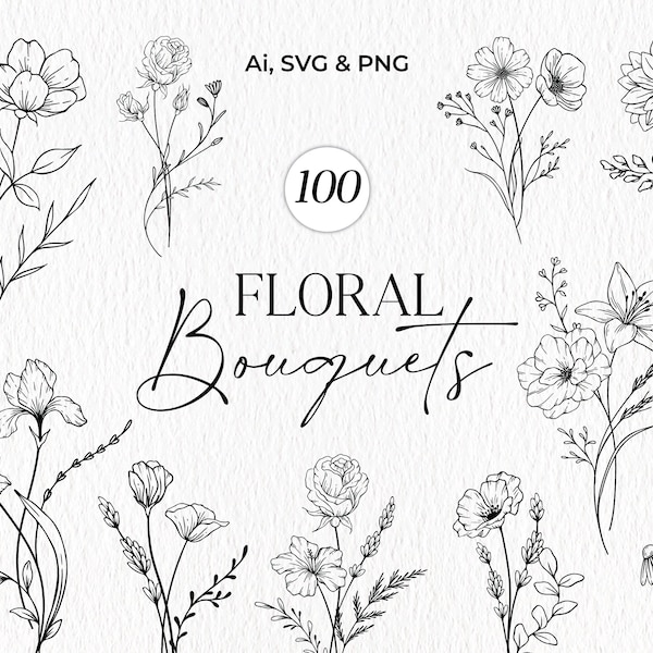 Bouquet floral SVG, lot de SVG, fleurs botaniques Svg, dessin au trait floral, clipart bouquet de fleurs sauvages, monogramme fleurs SVG, usage Commercial