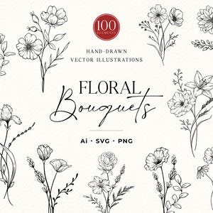 May include: A collection of black and white hand-drawn floral illustrations featuring various flower bouquets. The text reads 100 ELEMENTS, HAND-DRAWN VECTOR ILLUSTRATIONS, FLORAL Bouquets, and Ai SVG PNG. These are line art botanical drawings.