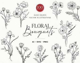 Floral Bouquet SVG Bundle, Hand-Drawn Flower Line Art, PNG Clipart Illustrations