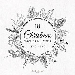 Guirlanda de Natal desenhada à mão, SVG de Natal, Desenhos de Natal vintage, Clip Art de guirlanda de pinha, Uso comercial