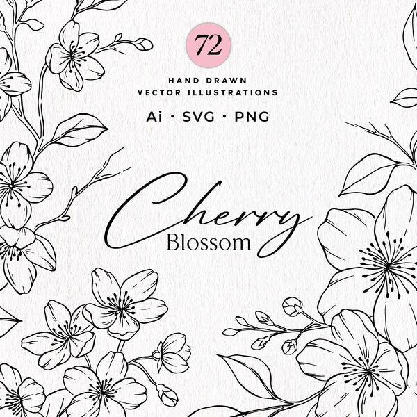 Cherry Blossom Line Art SVG, Floral SVG Bundle, Botanical Hand Drawn Illustration Clipart, Cherry Wreath Designs, Commercial Use