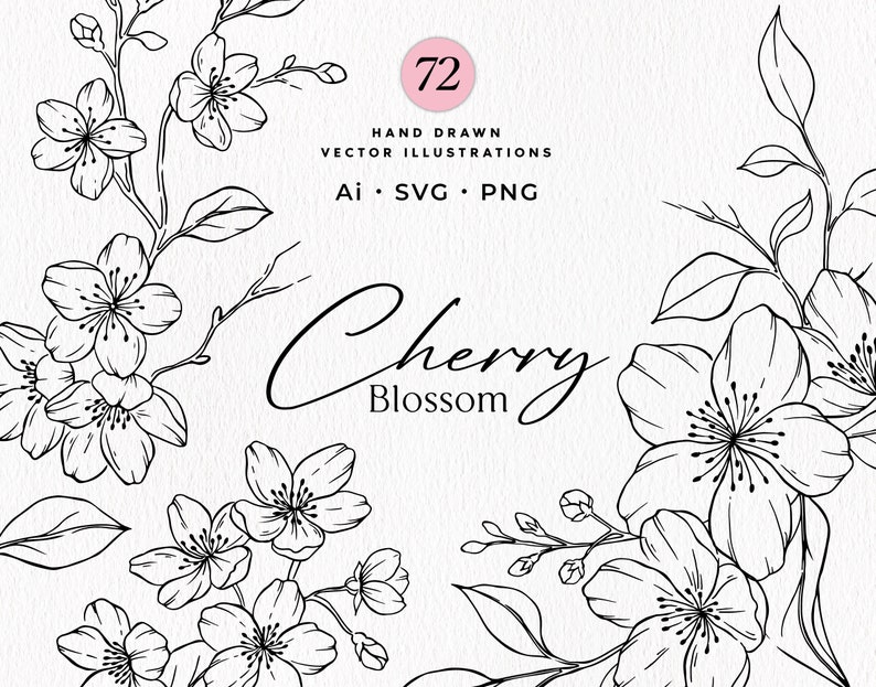 Cherry Blossom Line Art SVG, Floral SVG Bundle, Botanical Hand Drawn Illustration Clipart, Cherry Wreath Designs, Commercial Use image 1