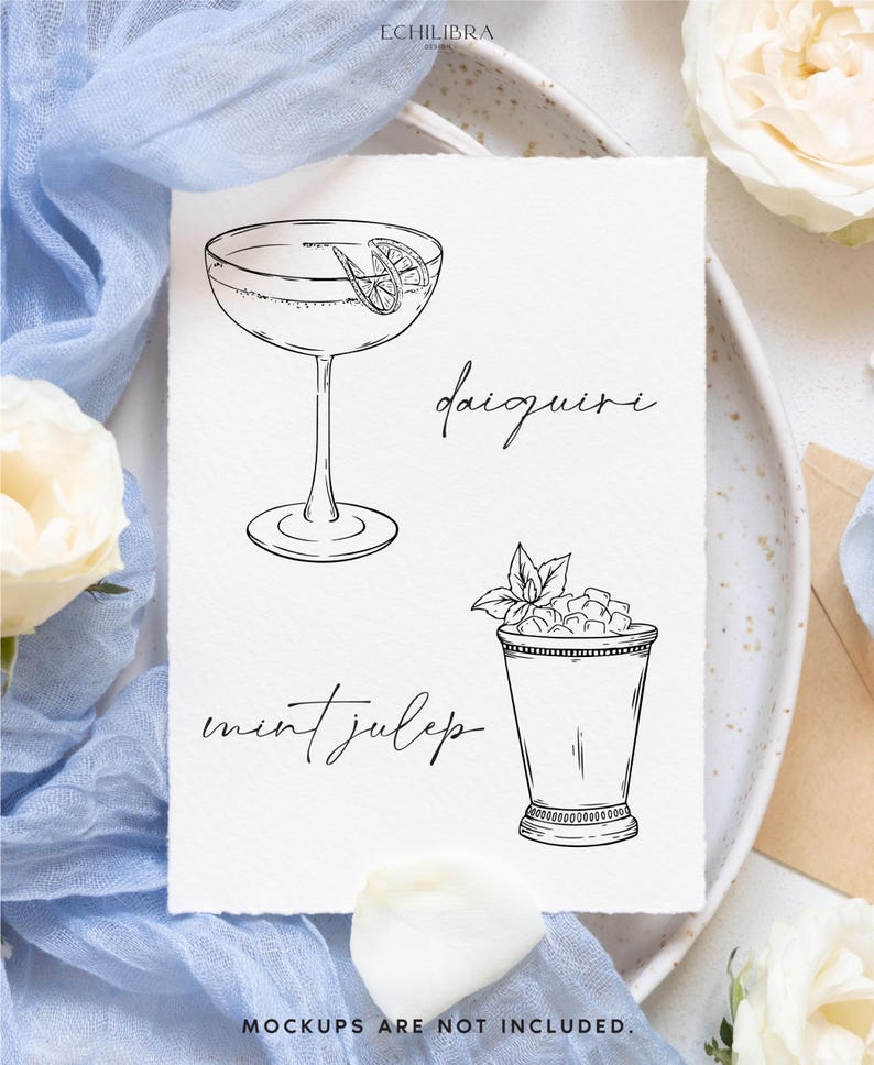 May include: A printable digital download of two cocktail illustrations. The first illustration is a daiquiri in a martini glass with a lime wedge. The second illustration is a mint julep in a silver cup with mint leaves and ice. The text "Mockups are not included." is at the bottom of the page.