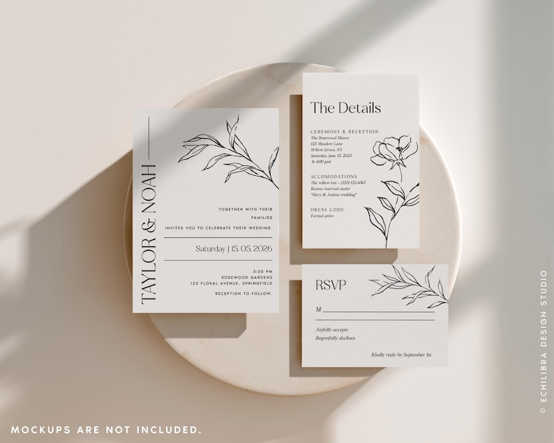 Puede incluir: Un juego de tres tarjetas de papeler&iacute;a de boda blancas con dibujos de l&iacute;neas negras de hojas y flores bot&aacute;nicas. Las tarjetas incluyen texto para Taylor & Noah, The Details y RSVP, con informaci&oacute;n del evento impresa en una fuente serif clara.