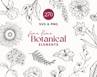 Botanical Line Art SVG & PNG, Floral Outline Clipart, Flower Drawing, Plant Vector Graphics