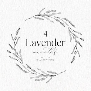 Grinalda desenhada à mão de lavanda, SVG de lavanda, clipart, arte de linha floral, gráfico de casamento, arte de linha botânica