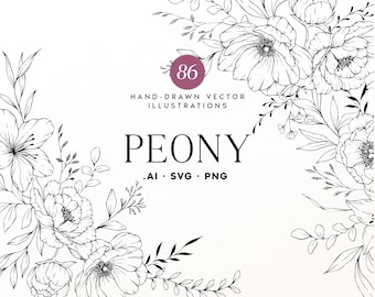 Puede incluir: Un gráfico digital con ilustraciones de líneas en blanco y negro de peonías y follaje dispuestas en las esquinas. El texto dice 86 HAND-DRAWN VECTOR ILLUSTRATIONS PEONY .AI .SVG .PNG con un círculo morado que contiene el número 86.