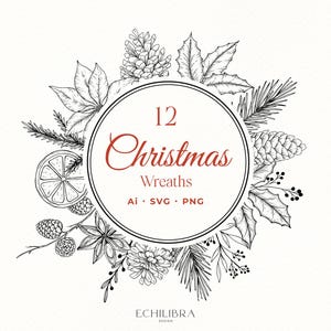Ręcznie rysowany wieniec bożonarodzeniowy, Boże Narodzenie SVG, Stare rysunki bożonarodzeniowe, Grafika wektorowa wianka z szyszkami, Użytek komercyjny