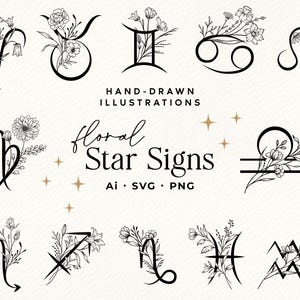 12 blommiga stjärnteckenillustrationer, handritade astrologiska symboler, SVG PNG Clipart